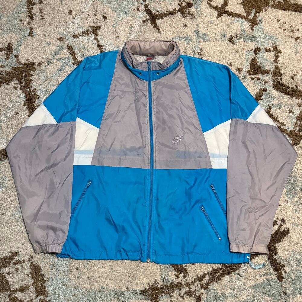 Vintage 90s Nike Windbreaker Track Jacket Size XL Hidden Hood Gray/Blue
